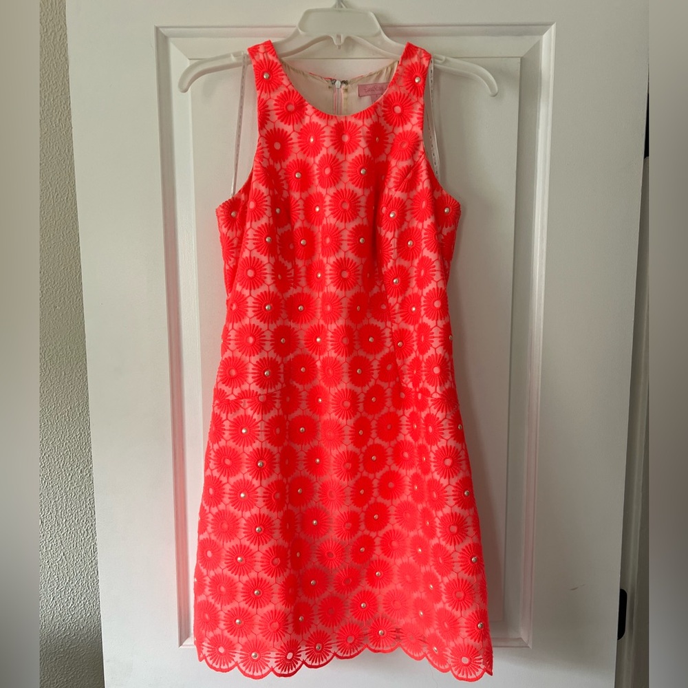 Lilly Pulitzer - Neon Pink Floral Embroidered Sleeveless Dress w/ Pearls